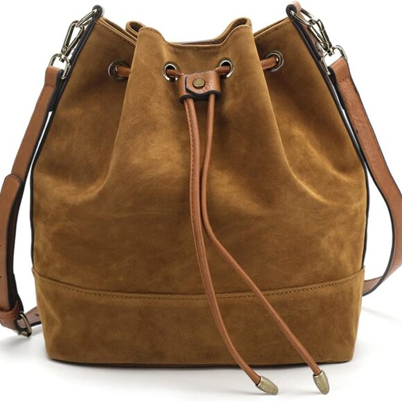 Leather Bucket Bags and Drawstring Crossbody Purse for Women Medium Tote and Hob